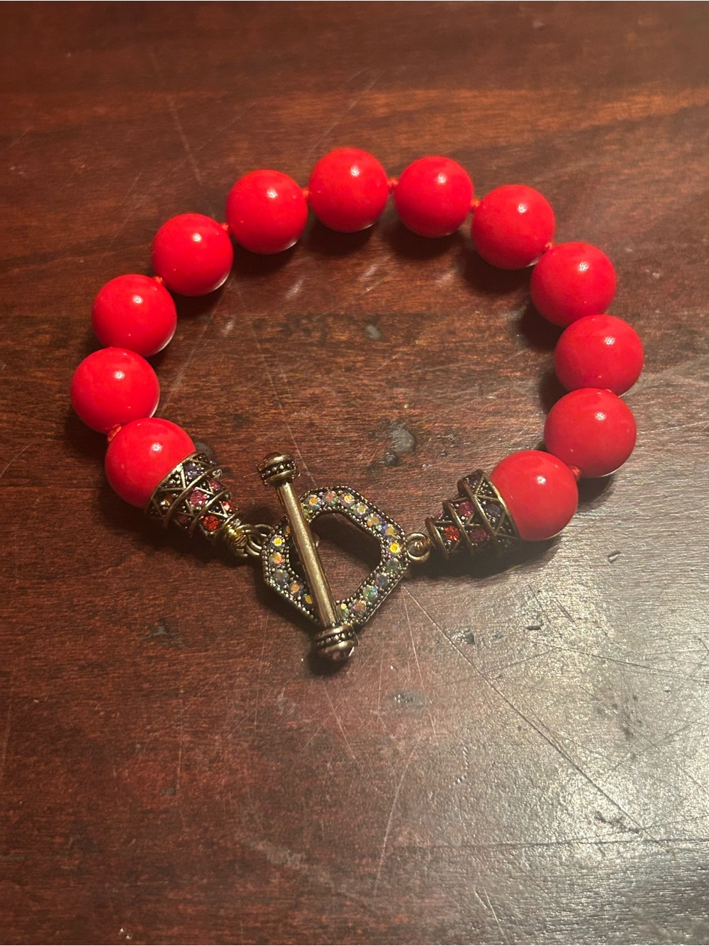 Heidi Daus Layers Coral Resin Bead Toggle Bracelet Crystal Clasp